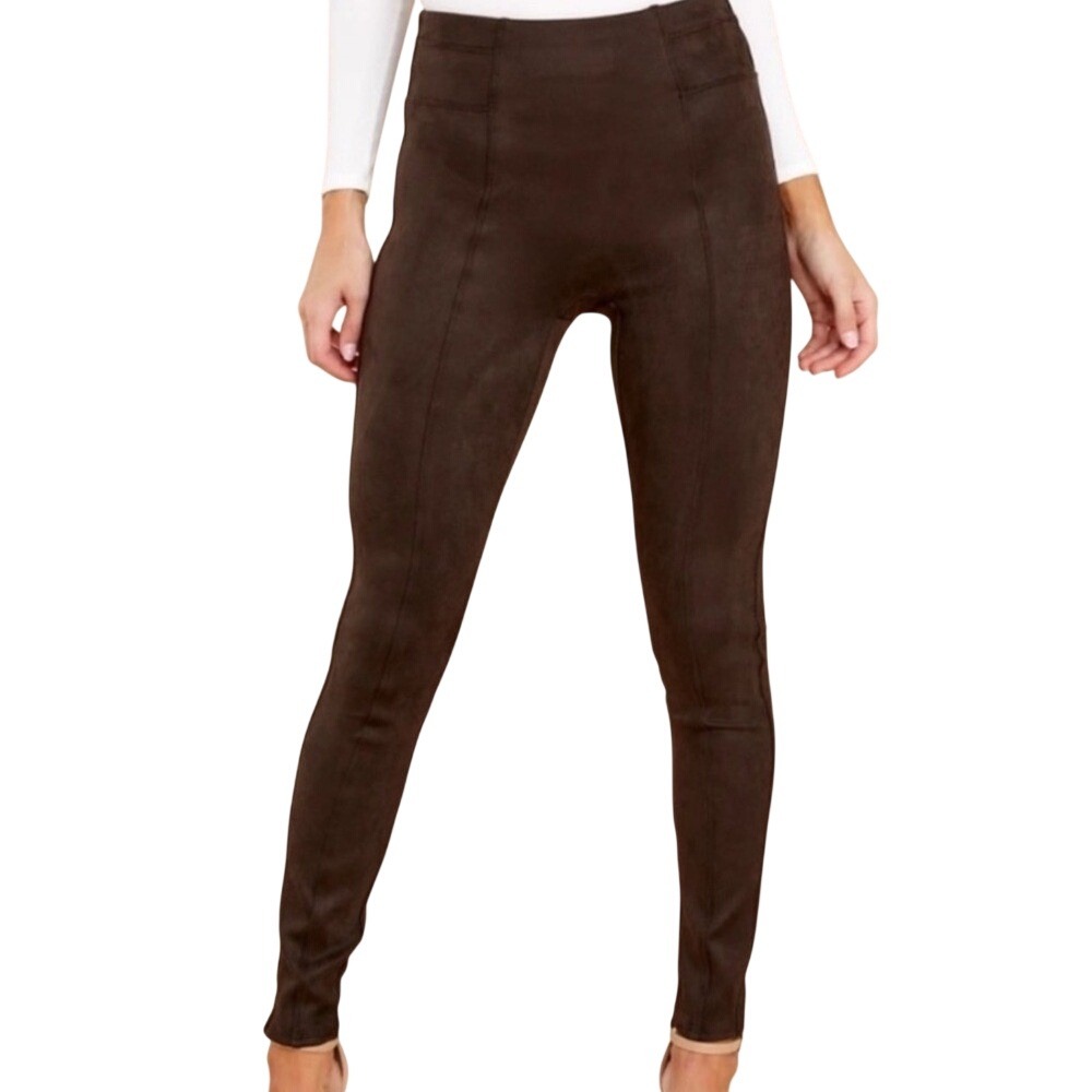 Spanx Faux Suede Leggings Chocolate Brown High Waisted Seamed Pants Womens Small